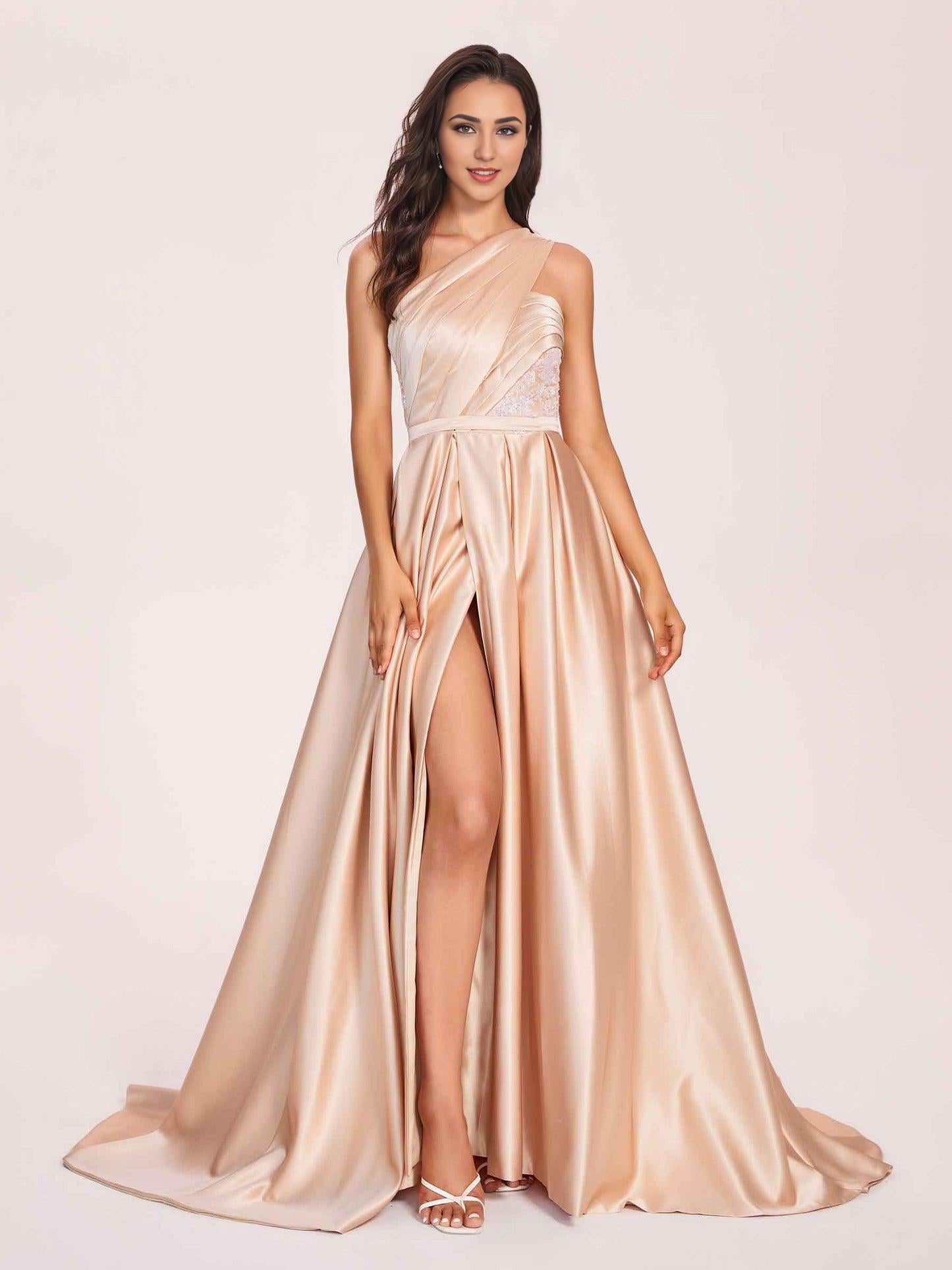 Champagne One Sholder Long with Diamond Waist and Attached Train Formal Prom Dress